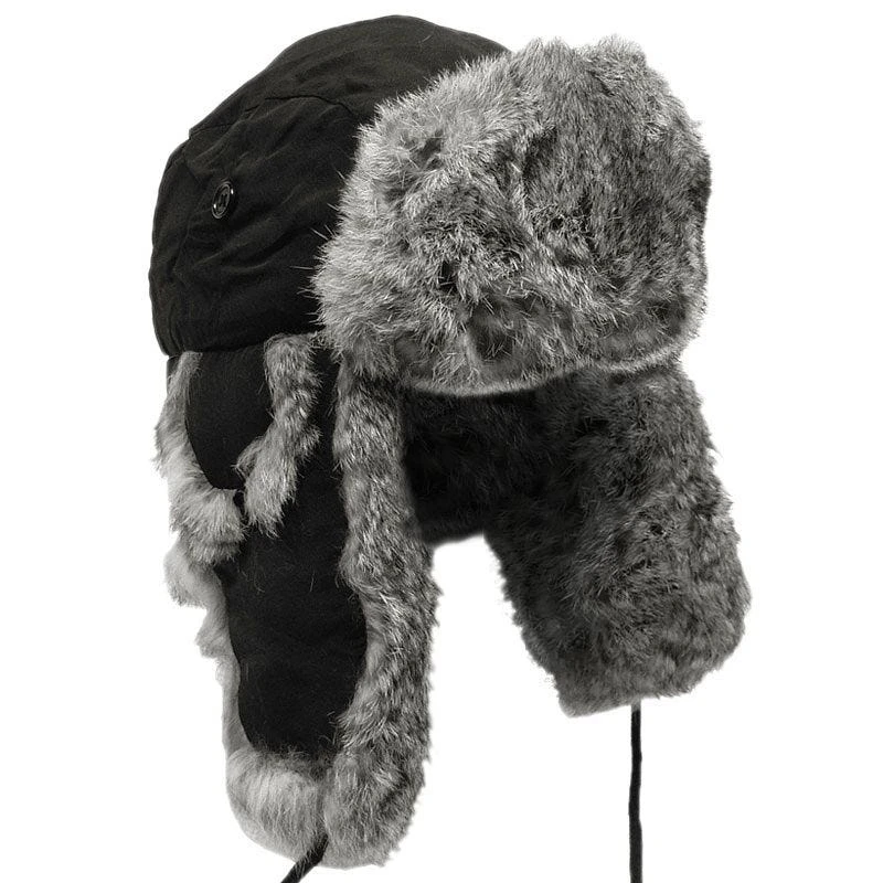 MFH Winter Cap Black With Grey Rabbit Fur 1 MFH Winter Cap Black With Grey Rabbit Fur